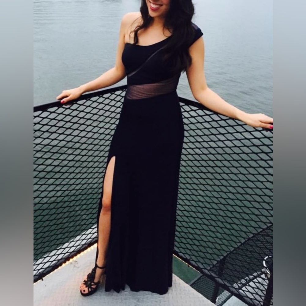 One Shoulder Navy Blue Mesh Dress with Slit